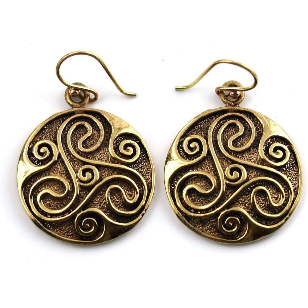 Bronze Engraved Celtic Knot triskelion Drop Dangle Earrings Fish Hook Vintage Th